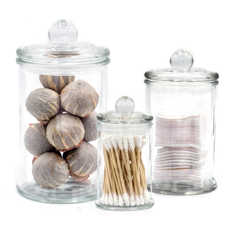 Easeen Mini Glass Apothecary Jars, Bathroom Storage Organizer Canisters for Cotton Swabs, Cotton Balls, Makeup Sponges, Bath Salts, Hair Ties, Makeup - Set of 3 - Image 1